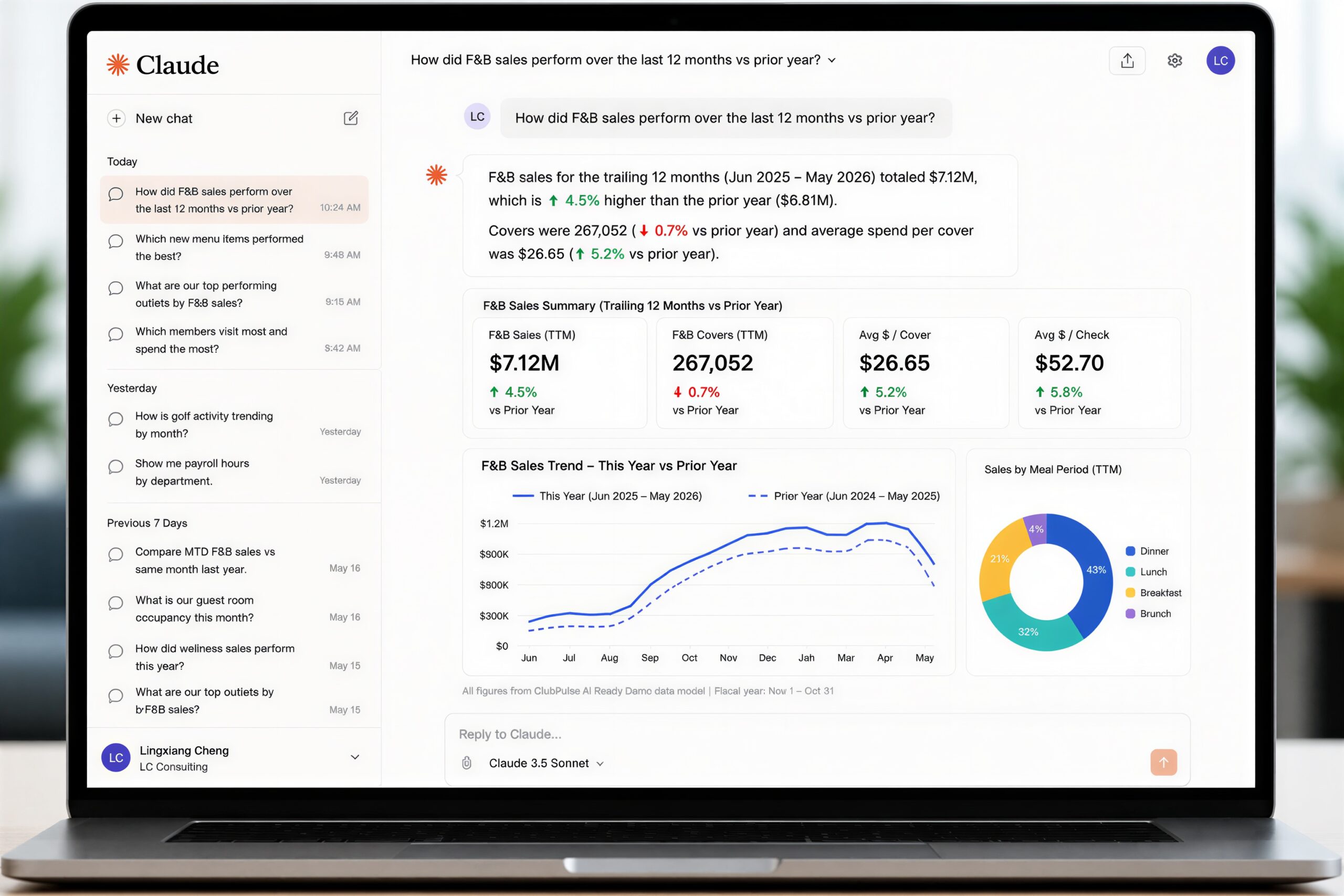 Claude answering questions using ClubPulse AI-ready club data
